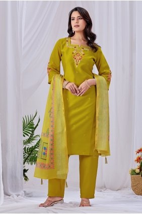 Mustard Straight Pant Suit in Embroidered Silk SK159189