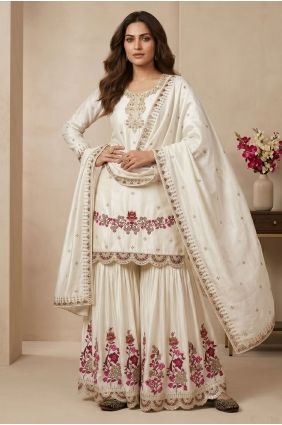 Salwar Kameez in Off white Silk with Embroidered SS1381