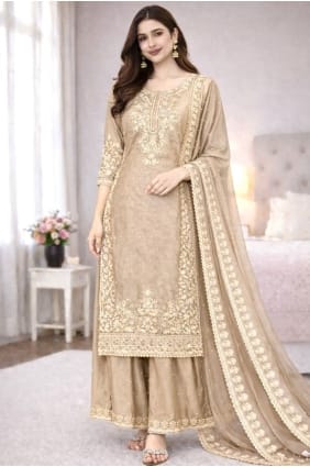 Beige Silk Sequins Palazzo Suit with Dupatta PZ4331