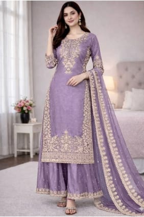 Lavender Sequins Palazzo Suit in Silk PZ4356