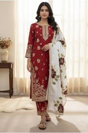 Sequins Eid Palazzo Suit in Maroon Silk PZ4306