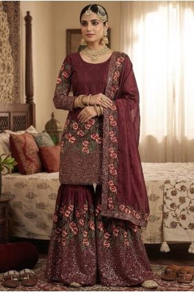 Sequins Silk Palazzo Suit in Maroon with Dupatta PZ4433