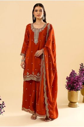 Palazzo Suit in Orange Silk with Embroidered PZ4522