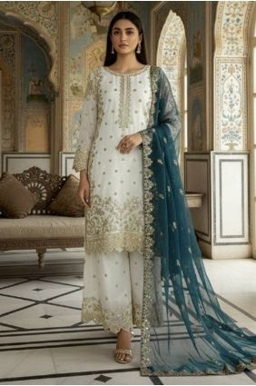 Sequins Silk White Palazzo Suit with Dupatta PZ4395