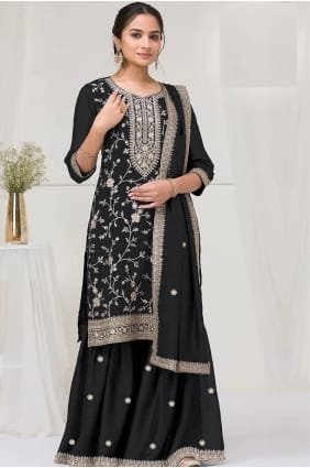 Embroidered Silk Palazzo Suit in Black with Dupatta PZ4214