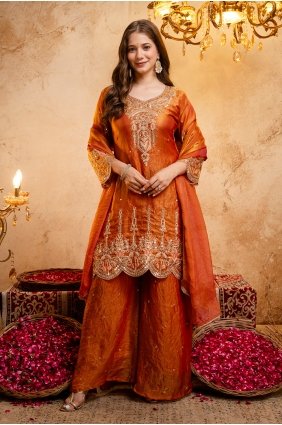 Orange Embroidered Palazzo Suit in Silk PZ4556