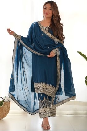 Blue Palazzo Suit in Sequins Silk PZ4421