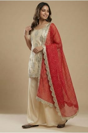 Silk Eid Palazzo Suit in Cream with Sequins PZ4275