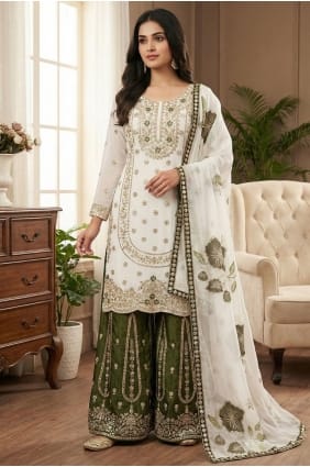 Silk Eid Palazzo Suit in White with Sequins PZ4310