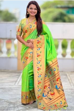 Silk Saree in Parrot green with Weaving SR29086