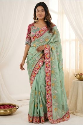 Embroidered Silk Party Wear Saree in Pista with Blouse SR30110