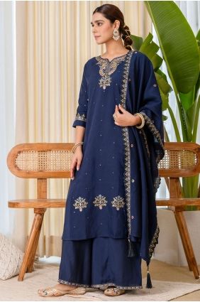 Blue Silk Embroidered Patiala Suit with Dupatta PZ4495