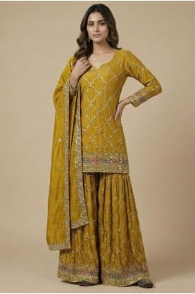 Yellow Patiala Suit in Silk with Sequins PZ4256