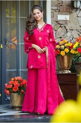 Silk Embroidered Pink Palazzo Suit with Dupatta PZ4454