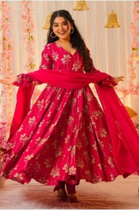 Pink Printed Anarkali Suit in Silk AS4160