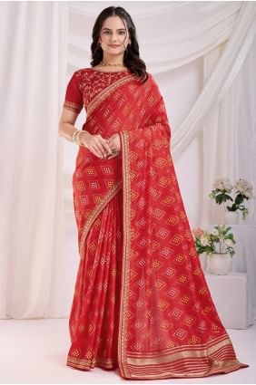 Silk Printed Red Saree with Blouse SR28189