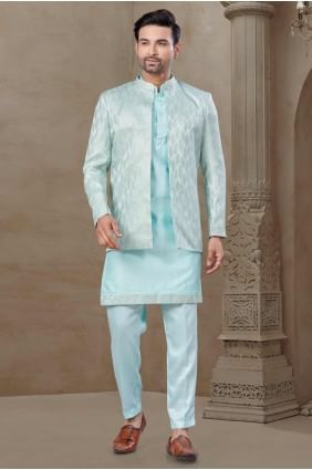 Silk Printed Sky blue  Men Kurta Pajama With Waistcoat with Dupatta KURR518