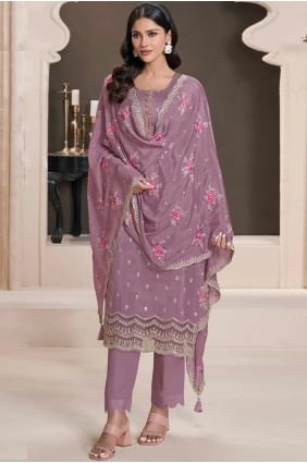 Silk Purple Straight Pant Suit in Embroidered SK155542