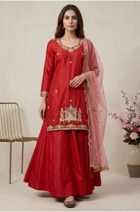 Red Silk Sequins Lehenga Suit with Dupatta LS097