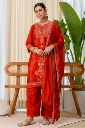 Rust Embroidered Salwar Kameez in Silk SK156092