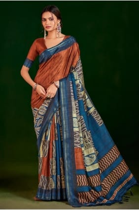Rust Saree in Silk with Digital print SR29527