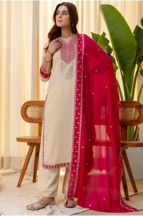 Cream Salwar Kameez in Embroidered Silk SK156088