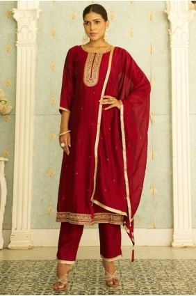 Salwar Kameez in Maroon Silk with Embroidered SK155703