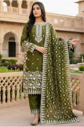 Silk Mehendi green Eid Salwar Kameez in Sequins SK155988