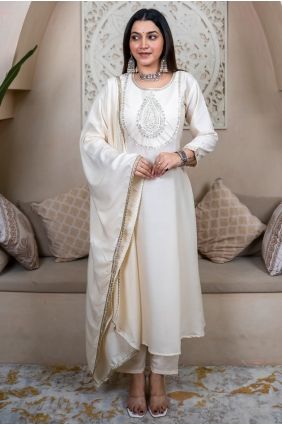 Silk Salwar Kameez with Embroidered in White SK15639