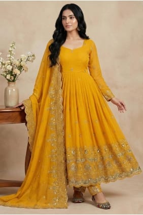 Silk Salwar Kameez with Embroidered in Yellow AS4264