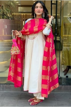 Embroidered Silk Eid Salwar Kameez in Cream SK155998