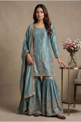 Silk Sky blue Salwar Kameez in Embroidered SS1379