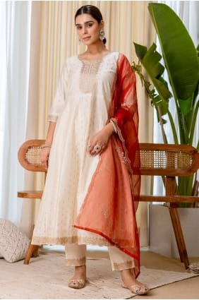 Embroidered Silk Salwar Kameez in White with Dupatta SK156090