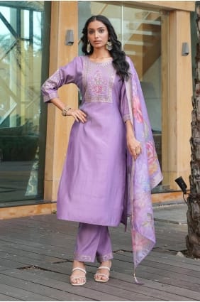 Silk Salwar Kameez in Purple with Embroidered SK155970
