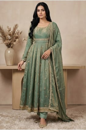 Sequins Salwar Kameez in Sea green Silk AS4254