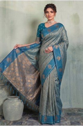 Weaving Silk Saree in Blue with Blouse SR30369