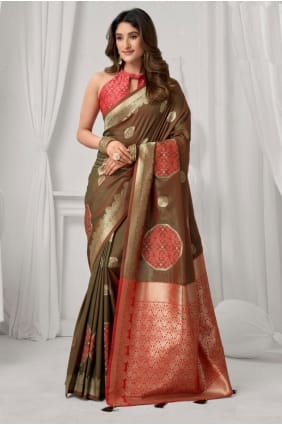 Silk Saree with Embroidered in Brown SR29566