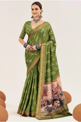 Silk Digital print Green Saree with Blouse SR29456