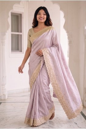 Embroidered Silk Saree in Lavender with Blouse SR30289