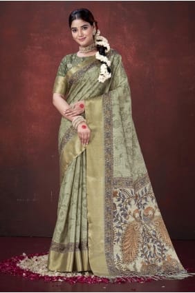 Silk Printed Pista green Saree with Blouse SR29031