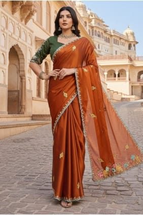 Embroidered Saree in Rust Silk SR29420