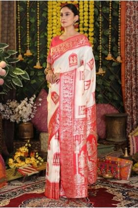 Silk Saree in White with Weaving SR28892