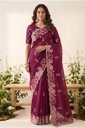 Wine Embroidered Silk Saree SR30298