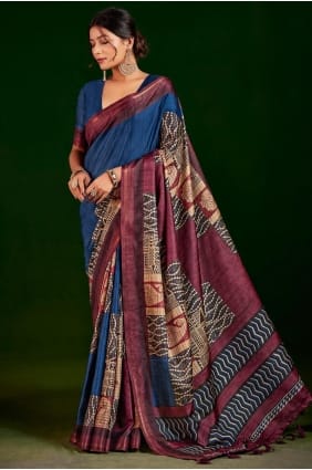 Navy blue Saree in Digital print Silk SR29529