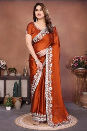 Embroidered Silk Saree in Rust SR29576