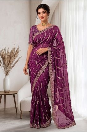 Hand,sequins Silk Saree in Burgundy with Blouse SR30194