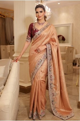 Sequins,embroidered Silk Peach Saree with Blouse SR30302