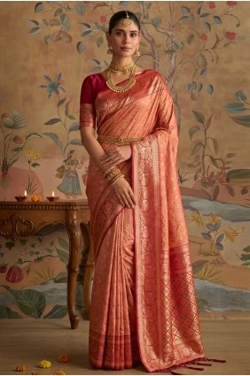 Peach Saree in Silk with Zari,weaving SR30335