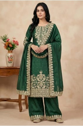 Green Palazzo Suit in Sequins Silk PZ4340