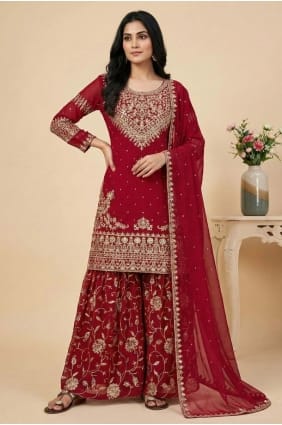 Red Sharara Suit in Sequins Silk SS1338